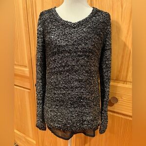 APT 9 black and white marled sequined long-sleeve sweater Chiffon lined NWT
